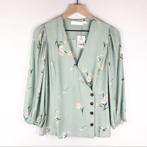 ASTR The Label Sage Multi Floral Button Wrap Top